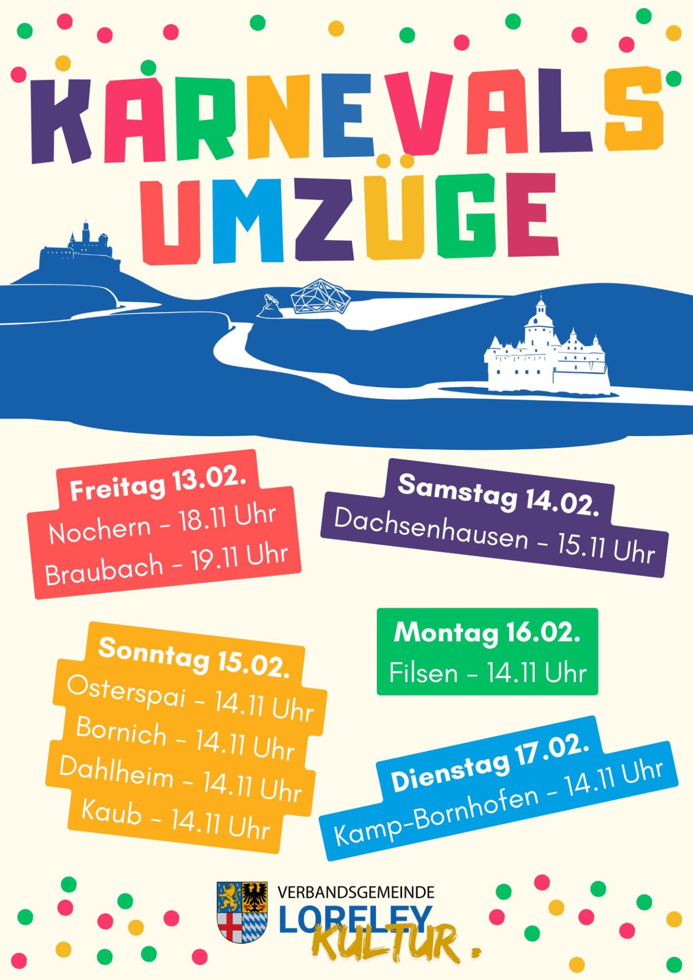 Ankündigung der Karnevalsumzüge in der VG Loreley