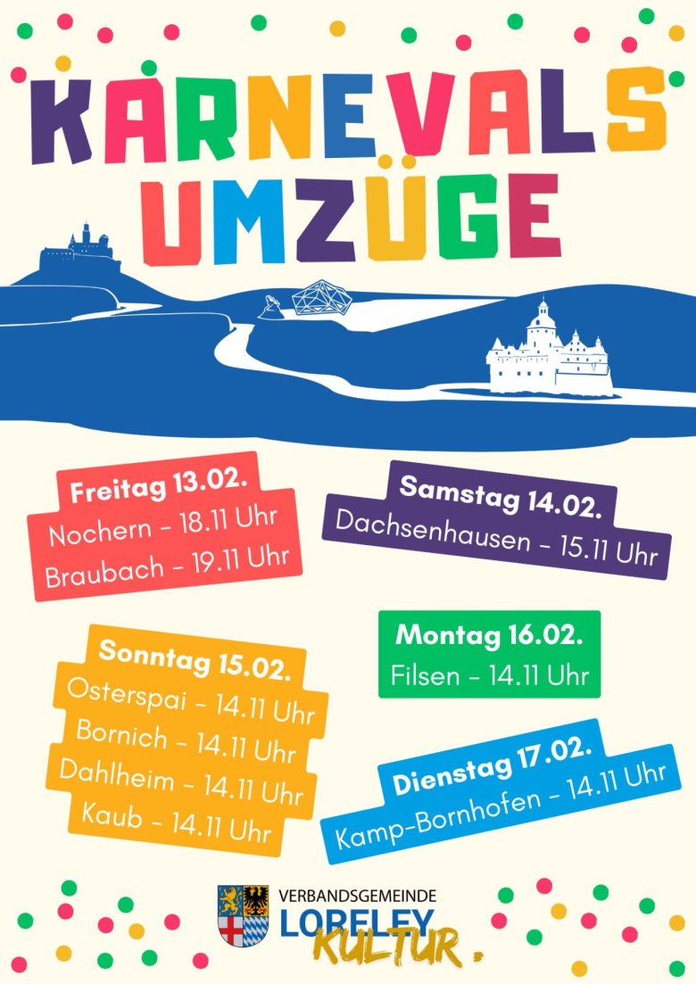 Ankündigung Karnevalsumzüge in der VG Loreley