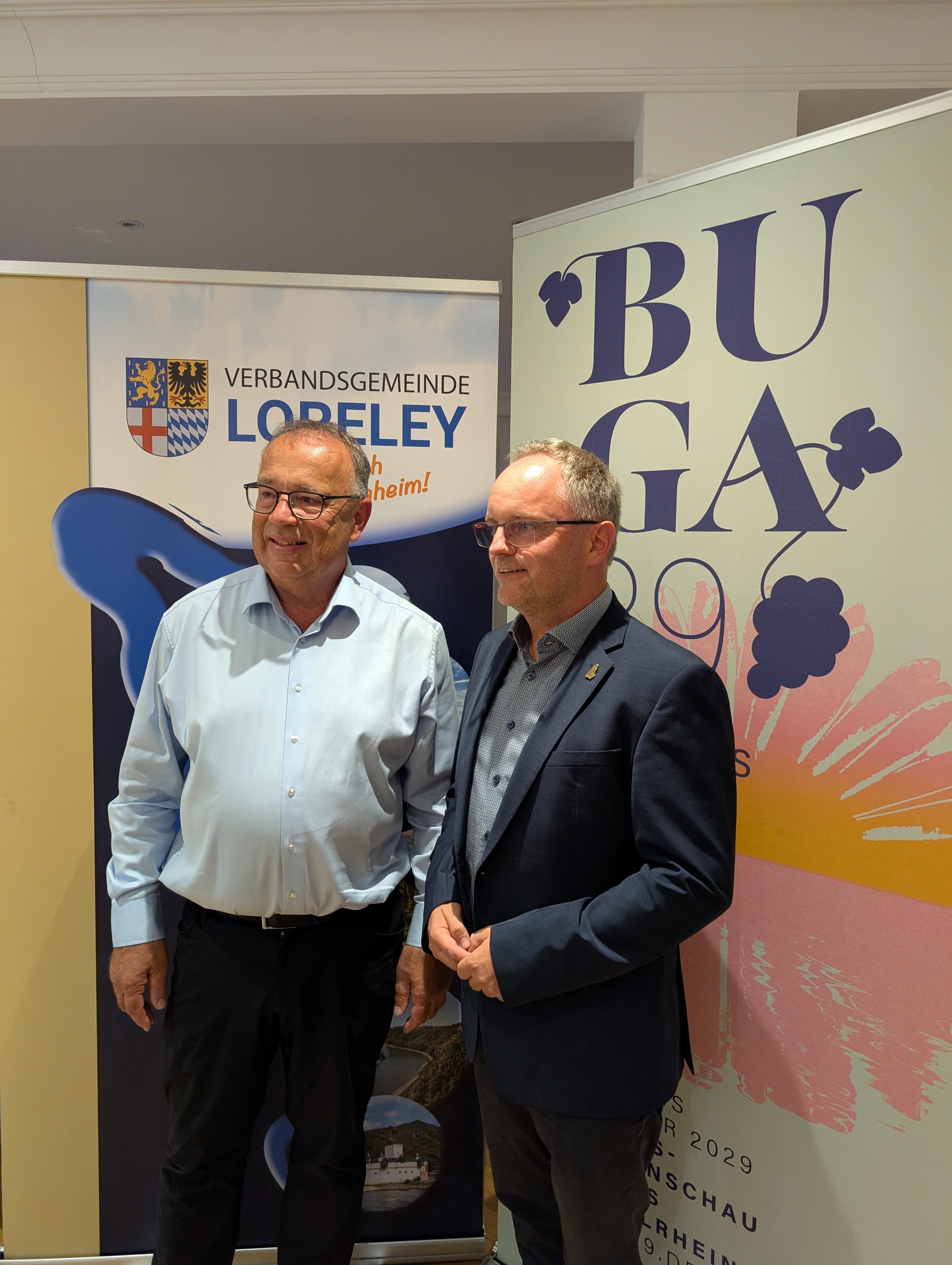 v. l. Geschäftsführer der BUGA 2029 gGmbH Sven Stimac und Bürgermeister der Verbandsgemeinde Loreley Mike Weiland