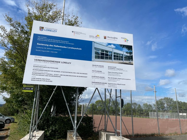 Plakat mit Informationen zur Sanierung des Hallenbads