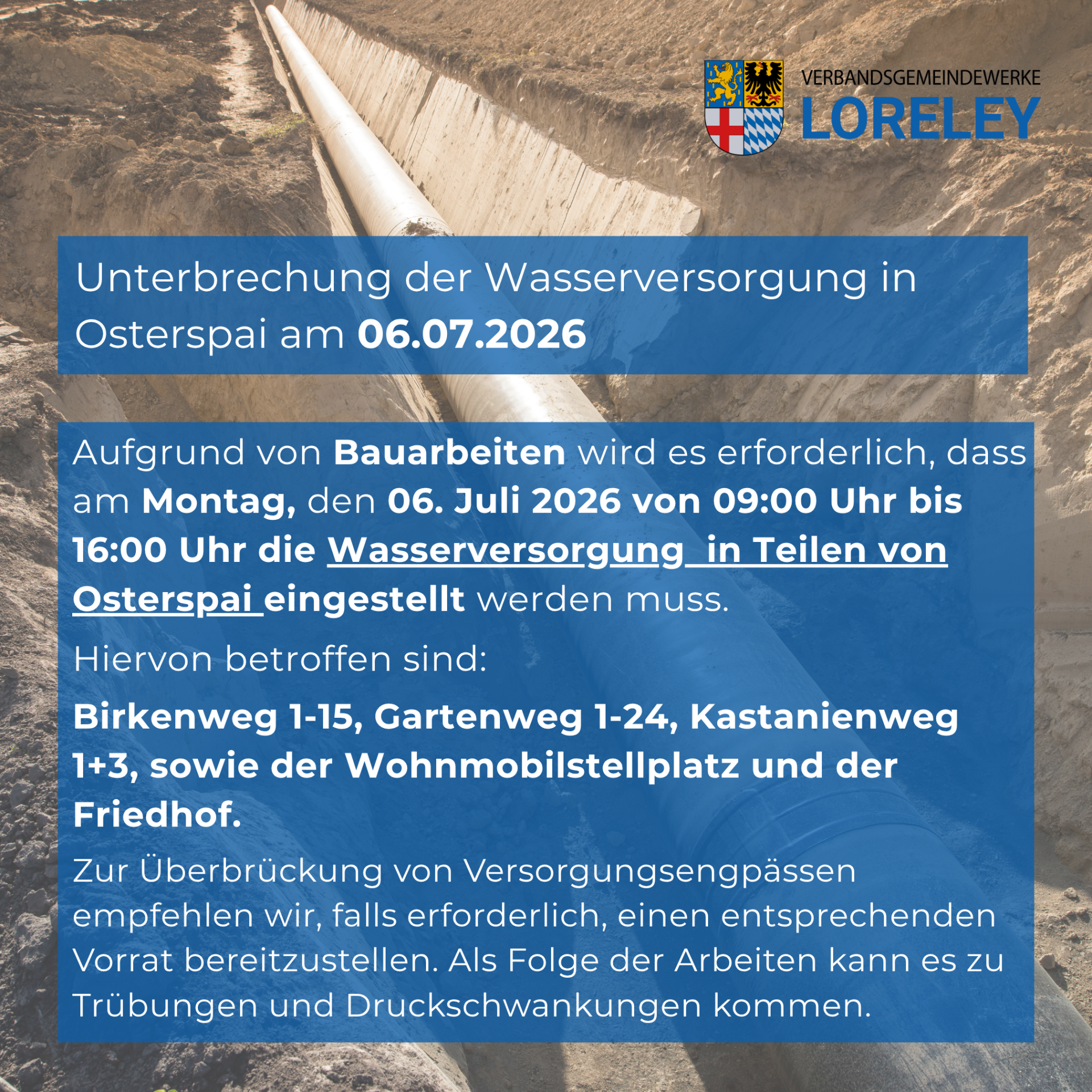 Unterbrechung Wasserversorgung Osterspai