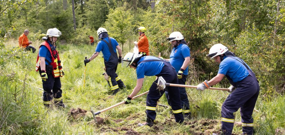 Das Bild zeigt den Waldbrandzug im Einsatz im Wald von Weisel